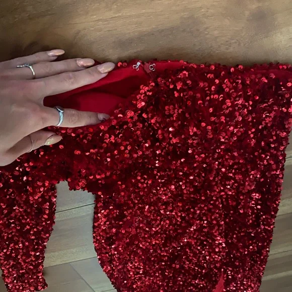 Red Sequin One Shoulder Evening Gown - Picture 3 of 5
